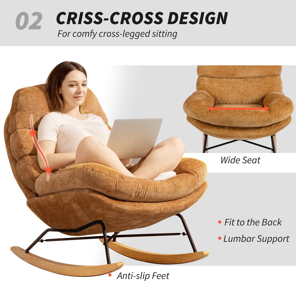 HOMCOM Tapicerowany fotel bujany ze stalowymi nogami i drewnianymi płozami, Żółty