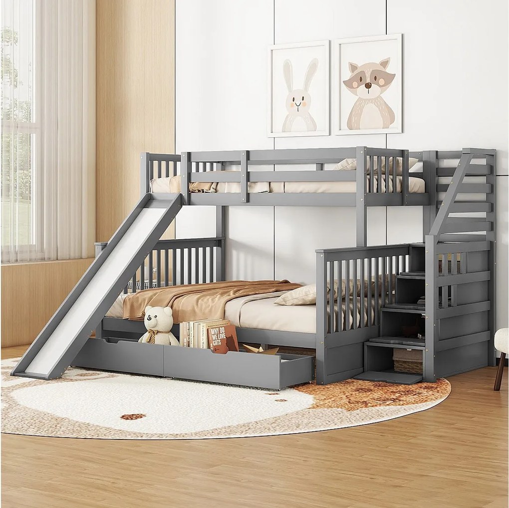 Łóżko piętrowe z 6 szufladami, zjeżdżalnią i schodkami - 90 x 200 cm + 140 x 200 cm - Szare - ANTHONY