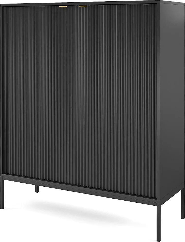 Komoda Wysoka Geriffelt NOVA – 2 drzwi, Highboard z złotymi uchwytami, Czarny, czarne nogi 125x104x39cm - Elegancka do salonu