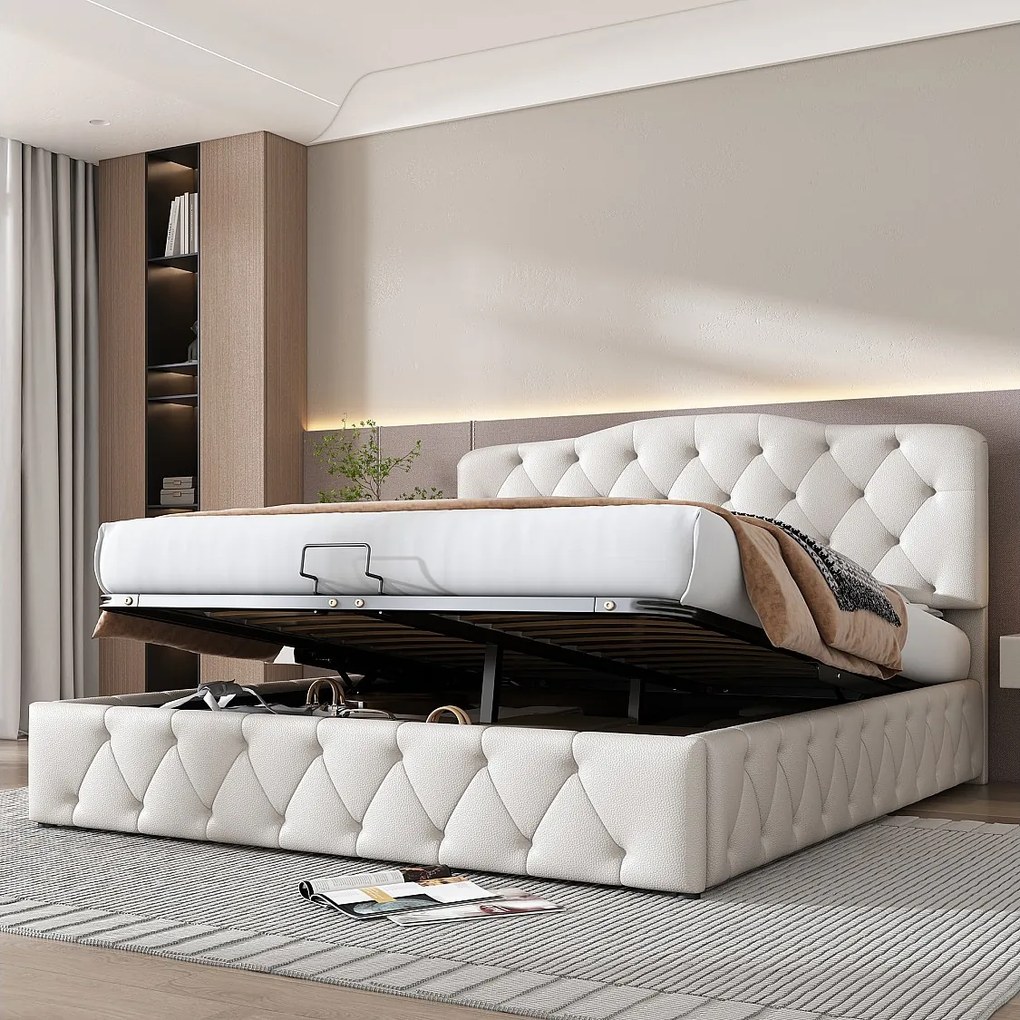 Łóżko ze schowkiem i zagłówkiem tapicerowanym skórą PU - 140 x 200 cm - styl skandynawski - dla dorosłych - białe