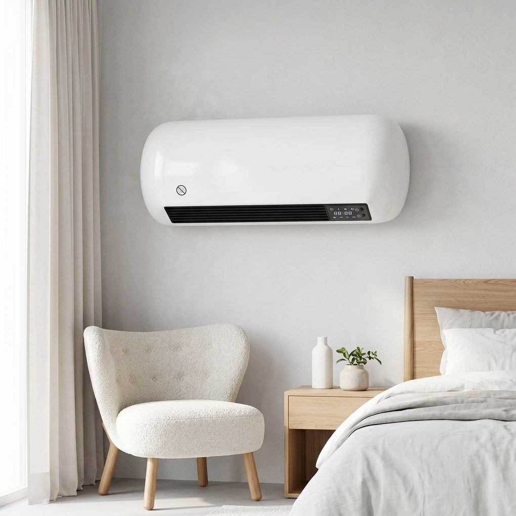 HOMCOM Ścienny grzejnik nadmuchowy 2000W ceramiczny grzejnik ścienny z wentylatorem, 2 poziomy mocy, wyświetlacz LED, termostat, biały | Aosom PL