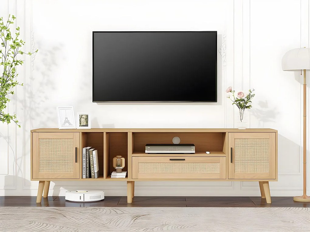 Meble TV 180 cm zdobione rattanem - 2 drzwi i 1 szuflada - nogi z litego drewna - naturalne