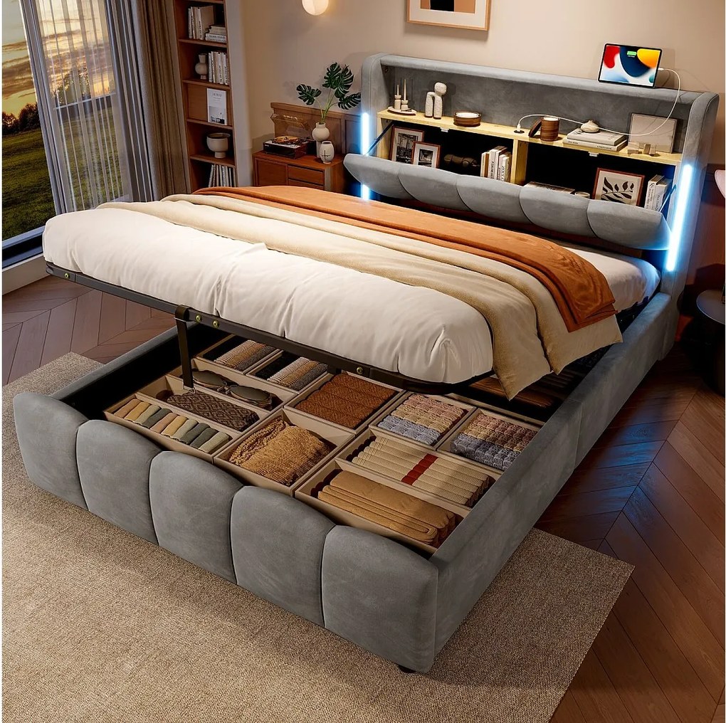 Łóżko z pojemnikiem 140x200 cm Łóżko dla dorosłych z LED i USB, zagłówek z pojemnikiem - szary aksamit (bez materaca)
