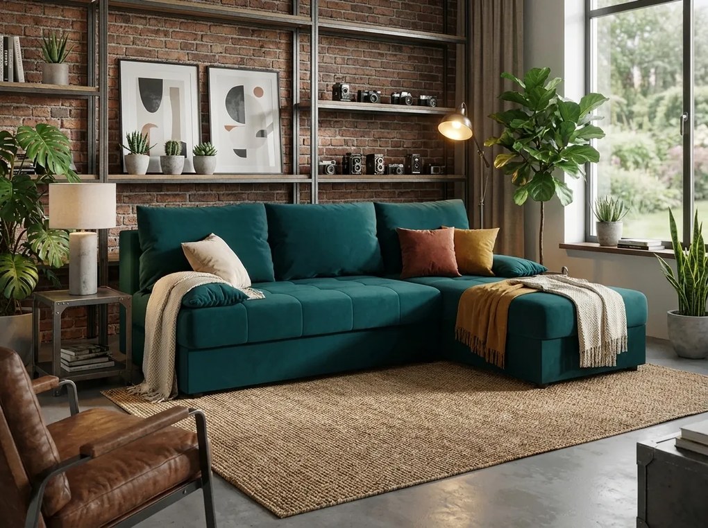 Rozkładana narożna sofa VENORIA SLIM 200x143 cm, petrolowa, uniwersalna + 2 poduszki GRATIS