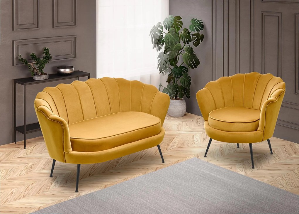 ALMA 2 XL sofa musztardowy, czarny, tapicerowana, Velvet, 2-osobowa