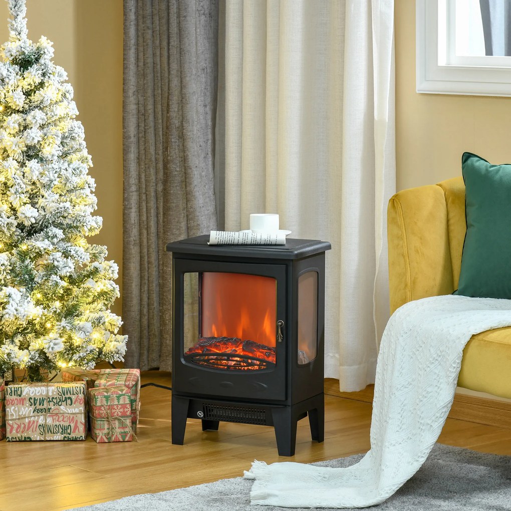 HOMCOM Elektryczny kominek z ogrzewaniem, 1800 W kominek elektryczny z efektem płomienia LED