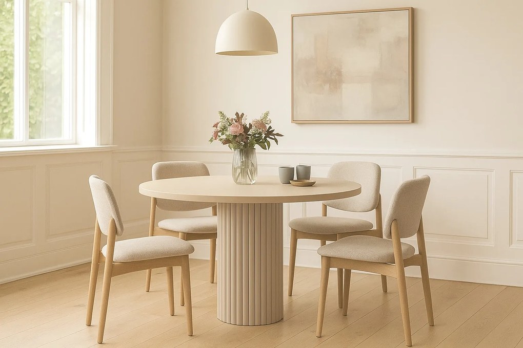 Okrągły stół do jadalni Nesta, na kaszmirowej nodze z metalowych prętów