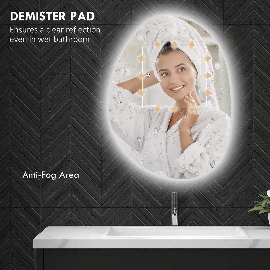HOMCOM Asymetryczne lustro łazienkowe 70 x 50 cm z oświetleniem LED, dotykowym przełącznikiem, funkcją przeciw zaparowani i srebrnym wykończeniem