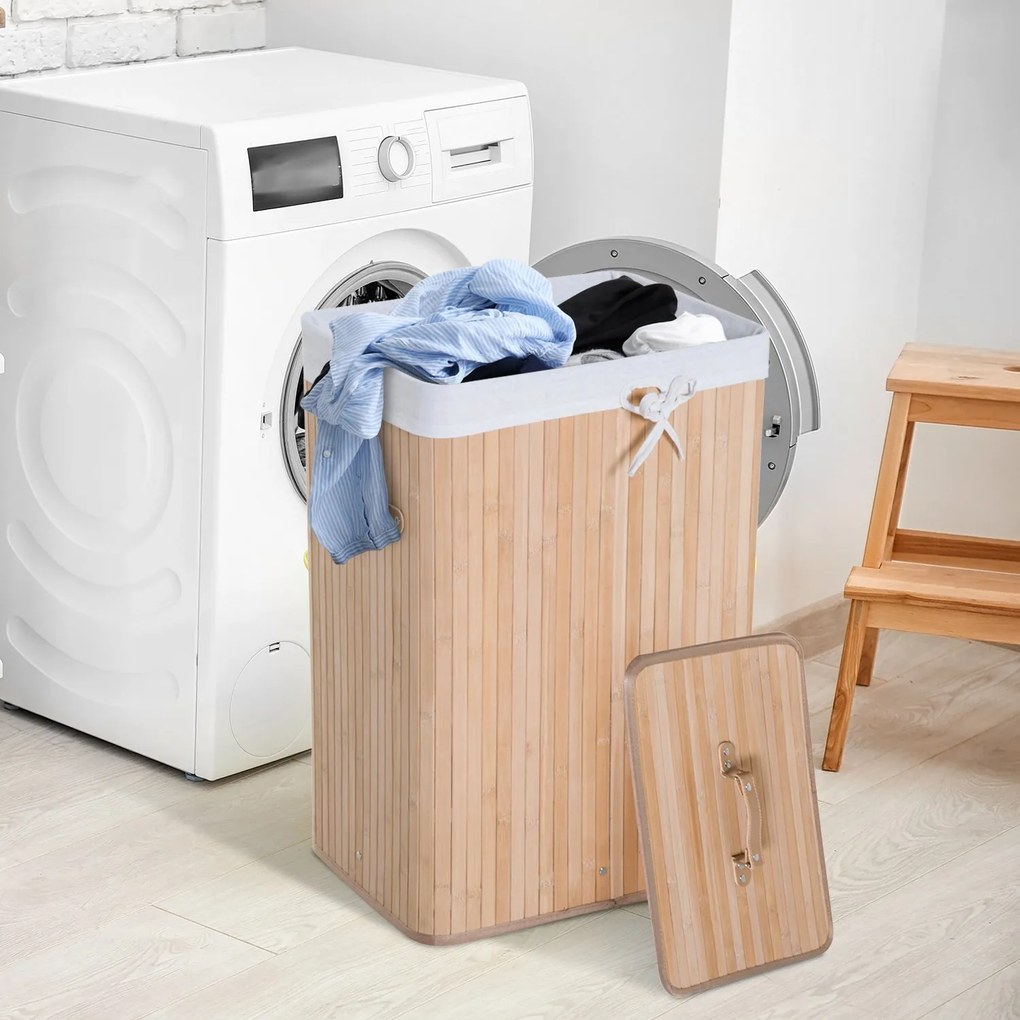HOMCOM Bambusowy Kosz na Pranie 72L Naturalny Brązowy Praktyczny i Elegancki Design do Łazienki i Pralni | Aosom PL
