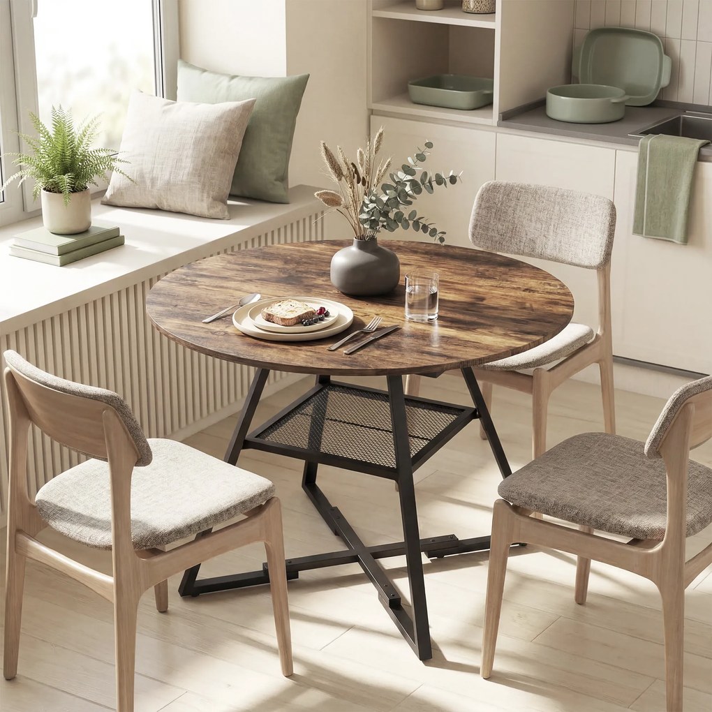 HOMCOM Stół dla 4 osób, 100 cm okrągły stolik kuchenny w stylu industrialnym z półką, blat w dekorze drewna, Rustykalny Brąz | Aosom PL