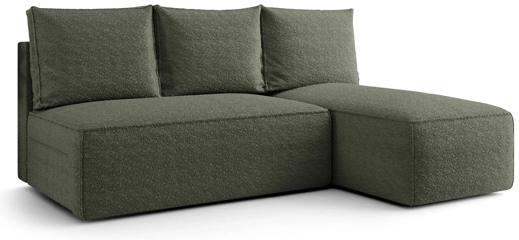 Zielona sofa narożna z funkcją spania i pojemnikiem E1-T47
