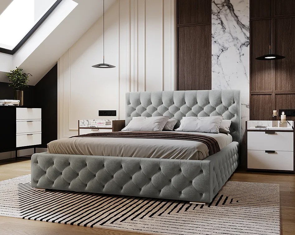 Emporius Elira łóżko tapicerowane 140x200 z pojemnikiem - tkanina velvet, glamour, pikowanie chesterfield - łóżko 140x200 szary (Magic Velvet 2217)