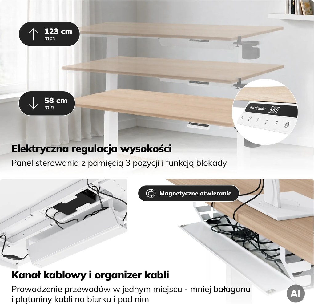 Biurko elektryczne z regulacją wysokości ergonomiczne białe/dąb sonoma,1400x700 mm: ARIA