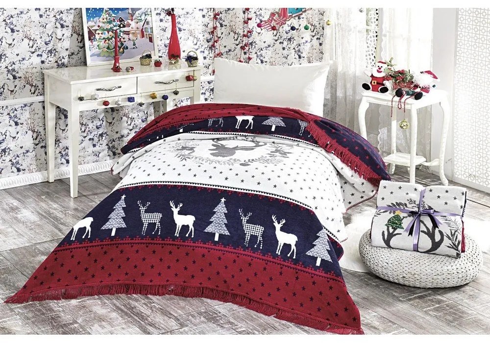 Czerwono-niebieski koc ze świątecznym motywem z mieszanki bawełny 150x200 cm – Mila Home