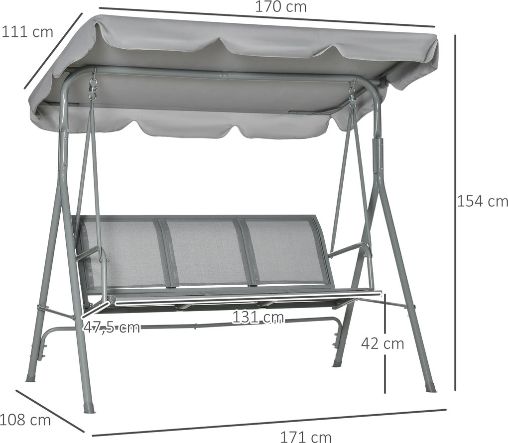 Outsunny huśtawka 3-osobowa z dachem 170 cm x 110 cm x 153 cm