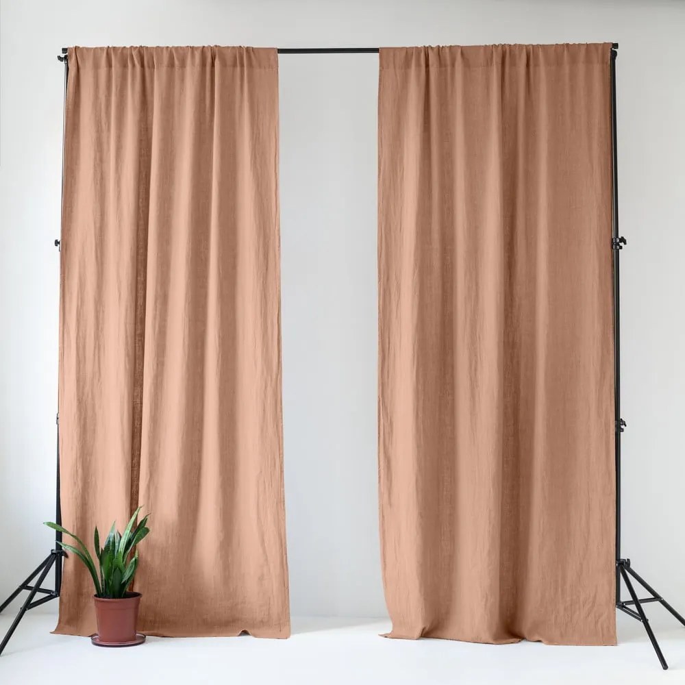Różowa/brązowa lniana zasłona 140x330 cm Cafe Creme – Linen Tales