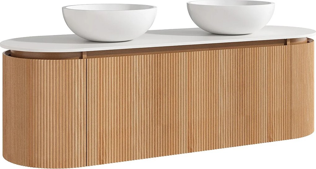 Wisząca ryflowana szafka łazienkowa z dwiema okrągłymi nablatowymi umywalkami z solid surface – jasny naturalny – szer. 150 cm – LILIKO