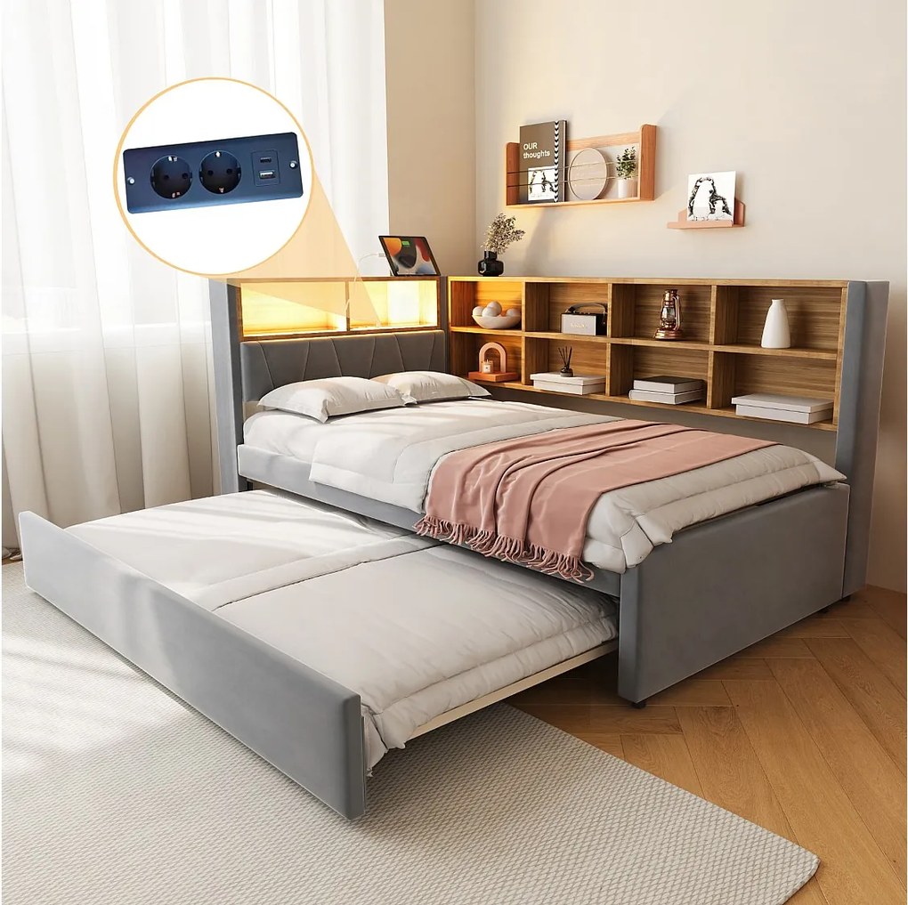 Łóżko dzienne 90 x 200 cm - łóżko wysuwane 90 x 190 cm z oświetleniem LED i dużą ilością miejsca do przechowywania - ciemnoszara flanela