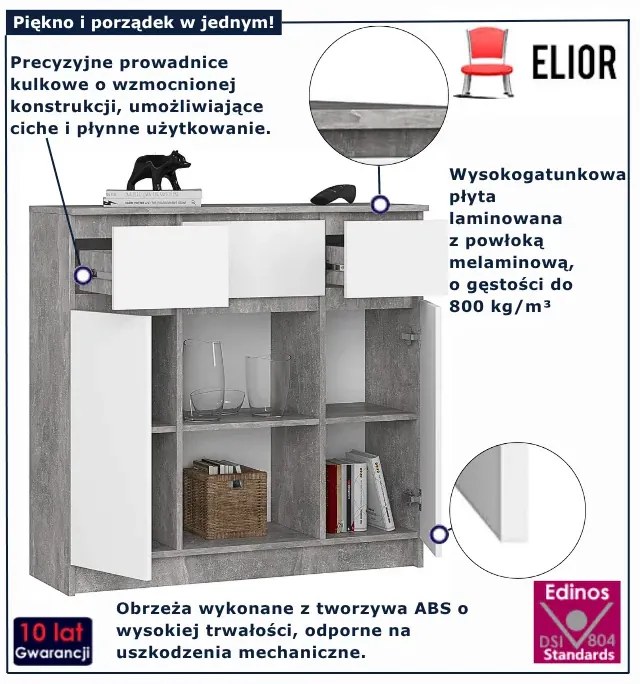 Komoda z szufladami oraz półkami beton + biały W1-T43