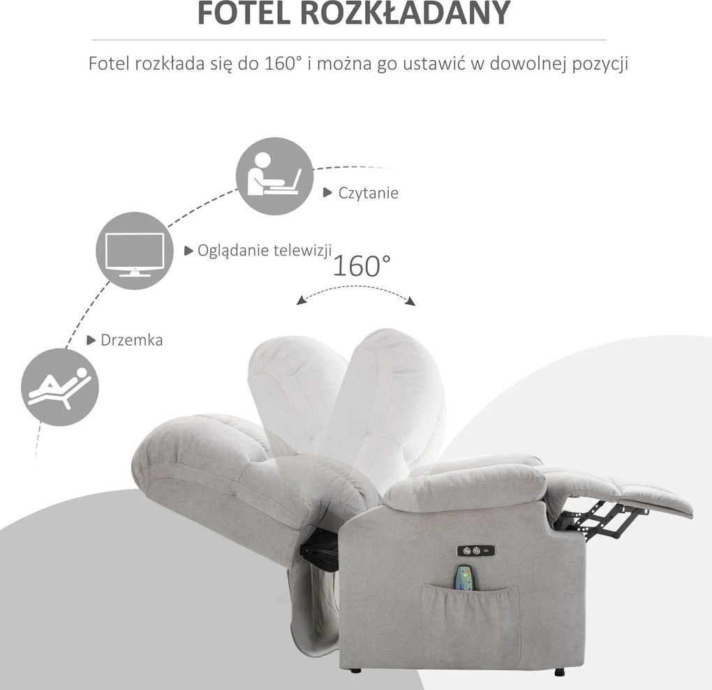 HOMCOM Fotel do masażu z funkcją wstawania i ogrzewania regulowany kąt nachylenia z pilotem szary pluszowy | Aosom PL