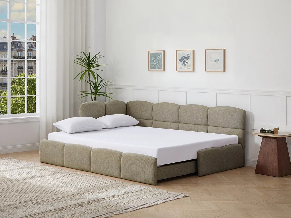 Łóżko wysuwane 2 x 80 x 200 cm – Z listwowym stelażem – Teksturowana tkanina – Taupe – PLURANIO