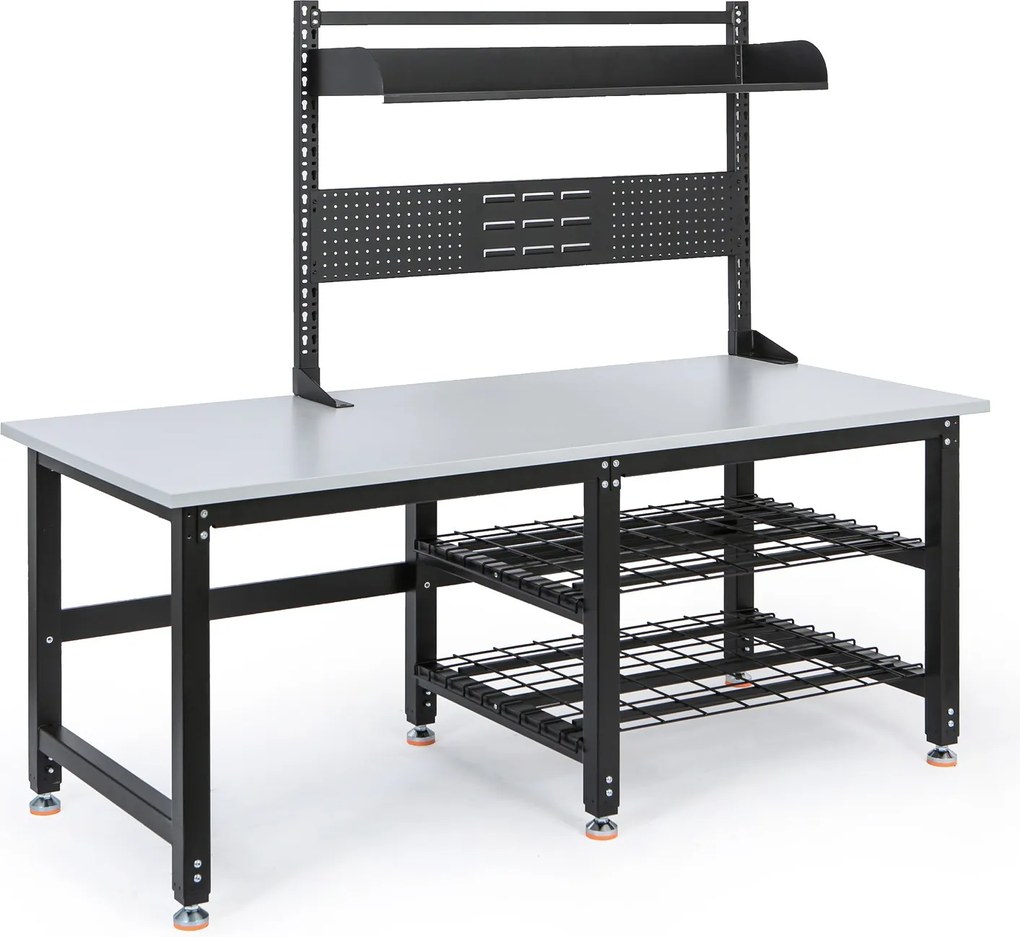 Stół pakowy PROFI z regulacją wysokości, 1800 × 900 × 790–940 mm z nadstawką i półkami