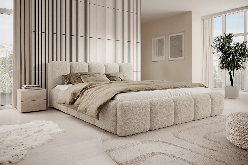 Łóżko tapicerowane Tesia 180x200 z pojemnikiem - beżowa bukla Quelle 03