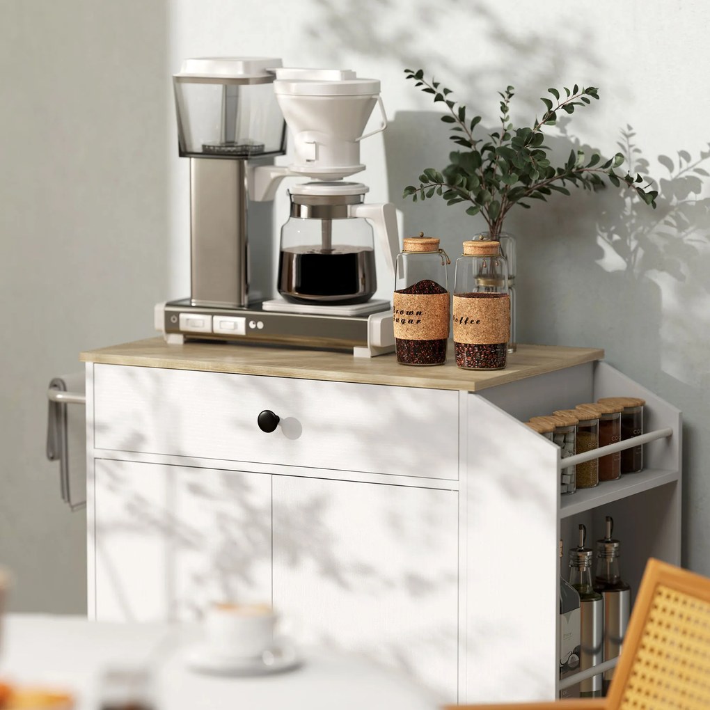HOMCOM Wózek Kuchenny z Szufladą, Szafką, Półką na Przyprawy, Uchwytem na Ręcznik, 82 x 38 x 86,5 cm, Biały/Dąb