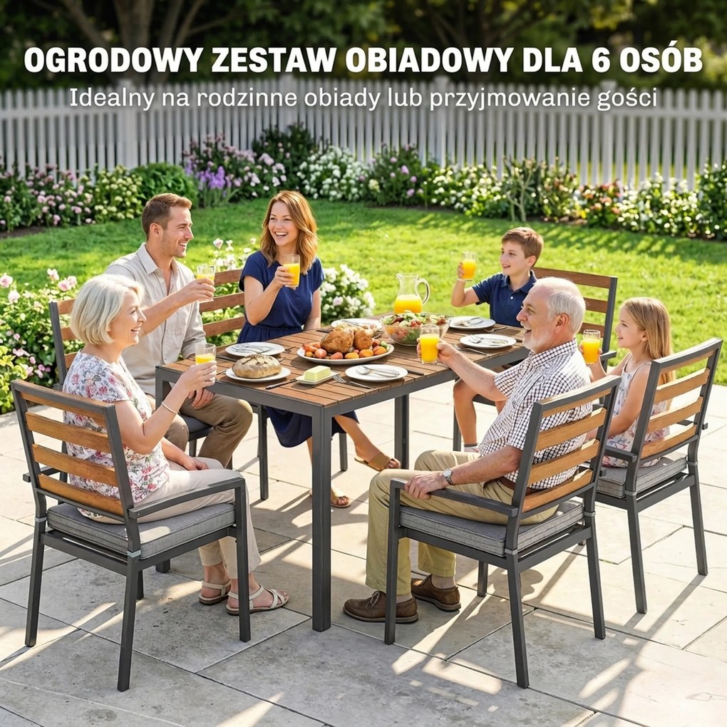 Outsunny 7-cz. komplet mebli ogrodowych, zestaw z 1 stołem i 6 krzesłami, poduszki, na taras, drewno naturalne | Aosom PL