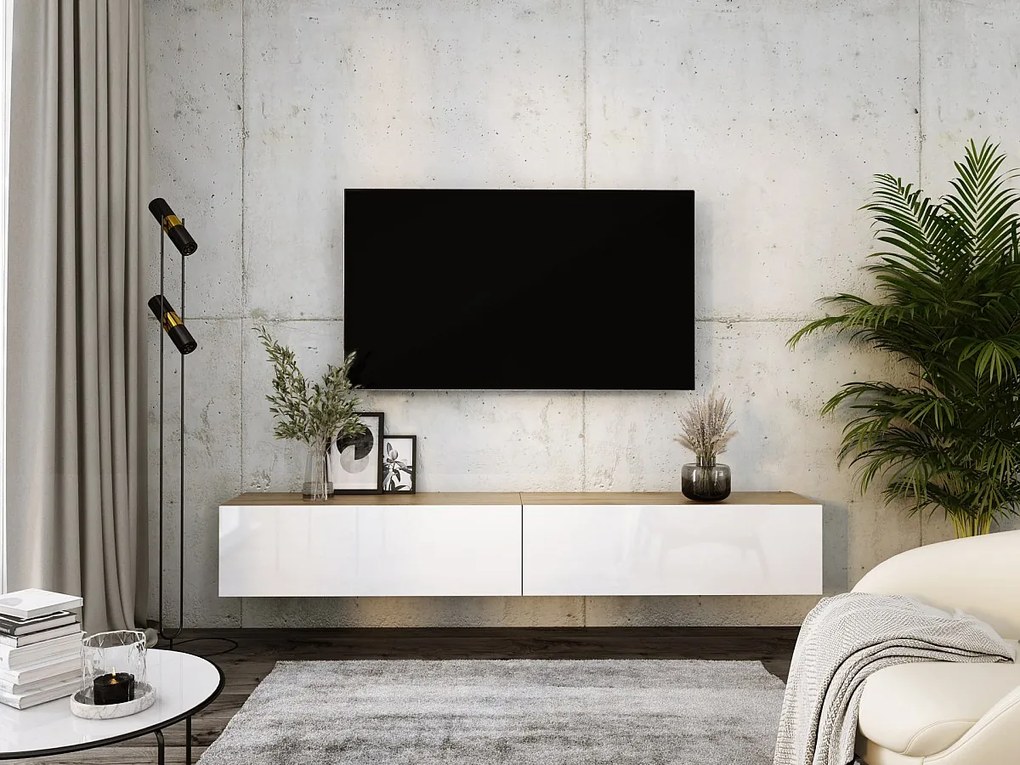 Zawieszana szafka RTV, (2 x 100) x 34 x 32 cm, Dąb Wotan / Biały Błyszczący