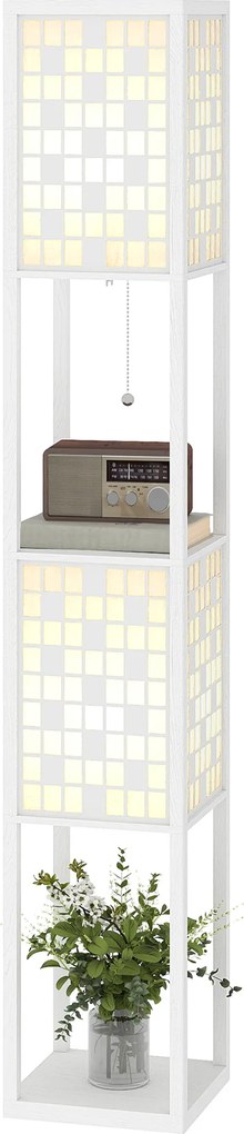 HOMCOM Lampa Podłogowa w Kratkę z 2-Poziomowymi Półkami, dla Różnych Żarówek, Biała