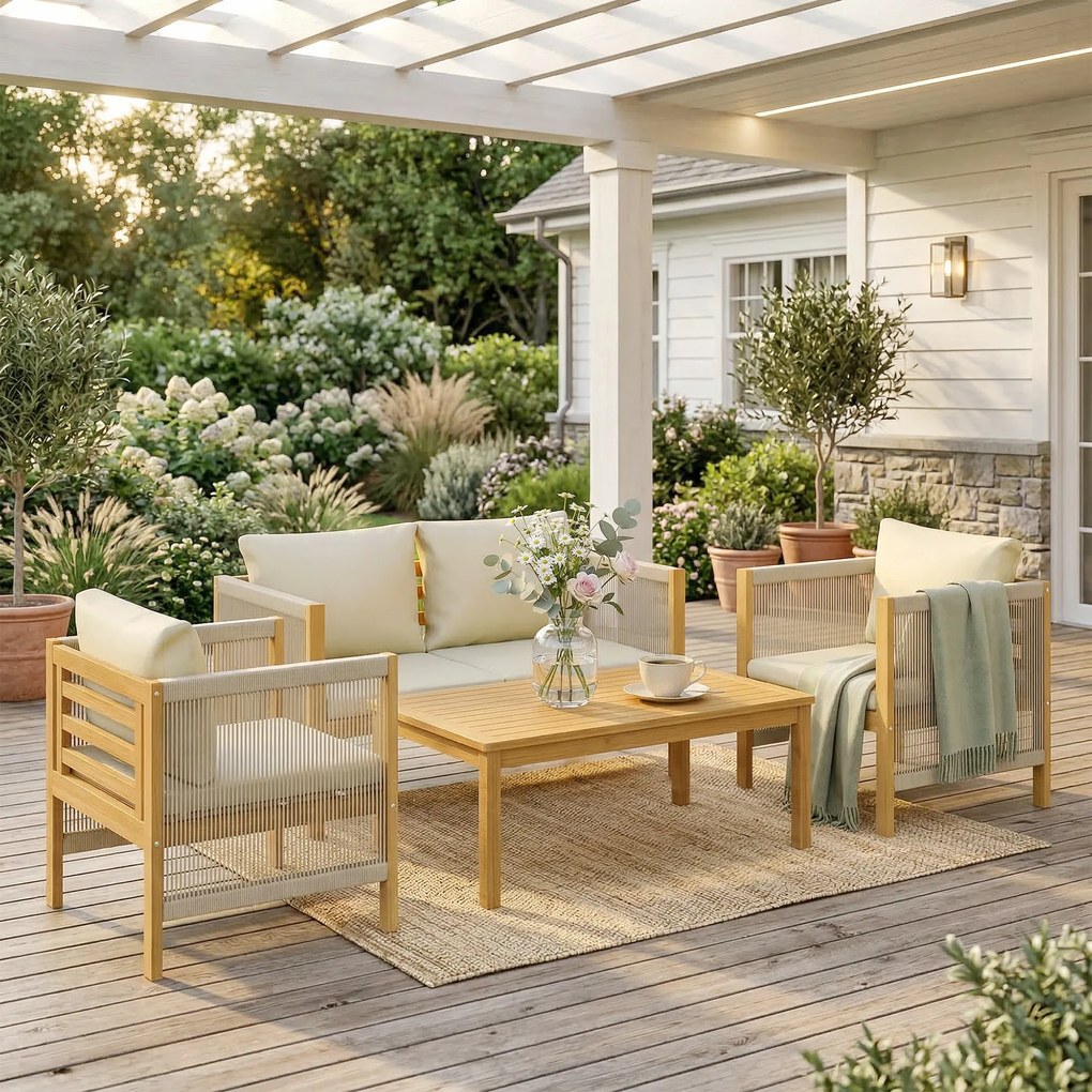 Outsunny Zestaw mebli ogrodowych z drewna dla 4 osób – kanapa, 2 fotele, stolik, dekoracja z lin, lamelowe wykończenie, zdejmowane poduszki | Aosom PL