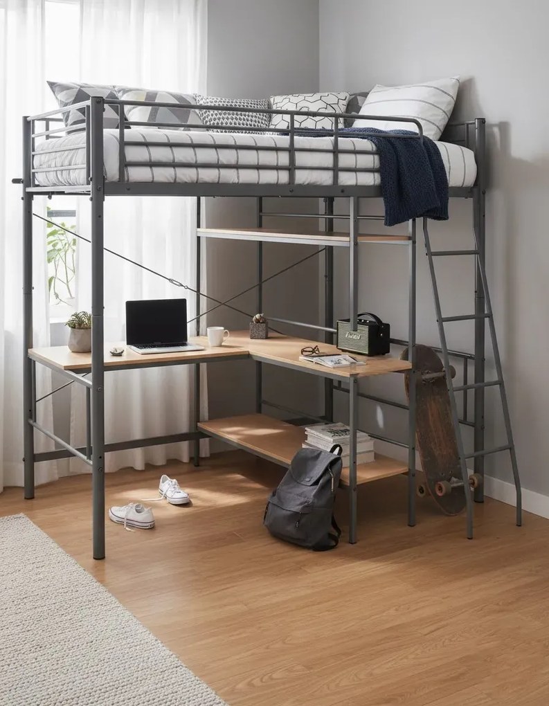 Szaro-brązowe łóżko piętrowe z biurkiem 90x200 cm K6-Z01