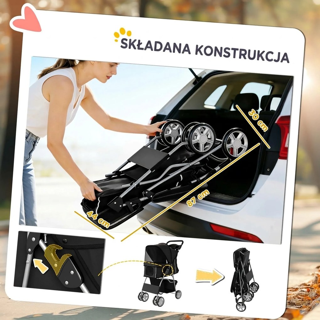 PawHut Wózek dla psa, składany wózek z odblaskami, koszem na zakupy i poduszką dla małych psów do 10 kg, 77x44x102 cm, czarny | Aosom PL