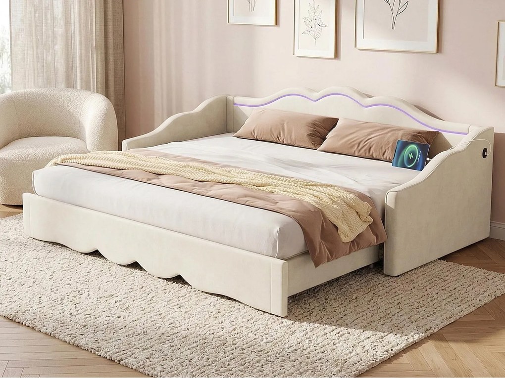 Tapicerowana sofa z łóżkiem 90x200 cm - Z wysuwanym łóżkiem - Oświetlenie LED i porty USB - Pokrycie z weluru - Beżowy​ (Materac nie jest wliczony w cenę)