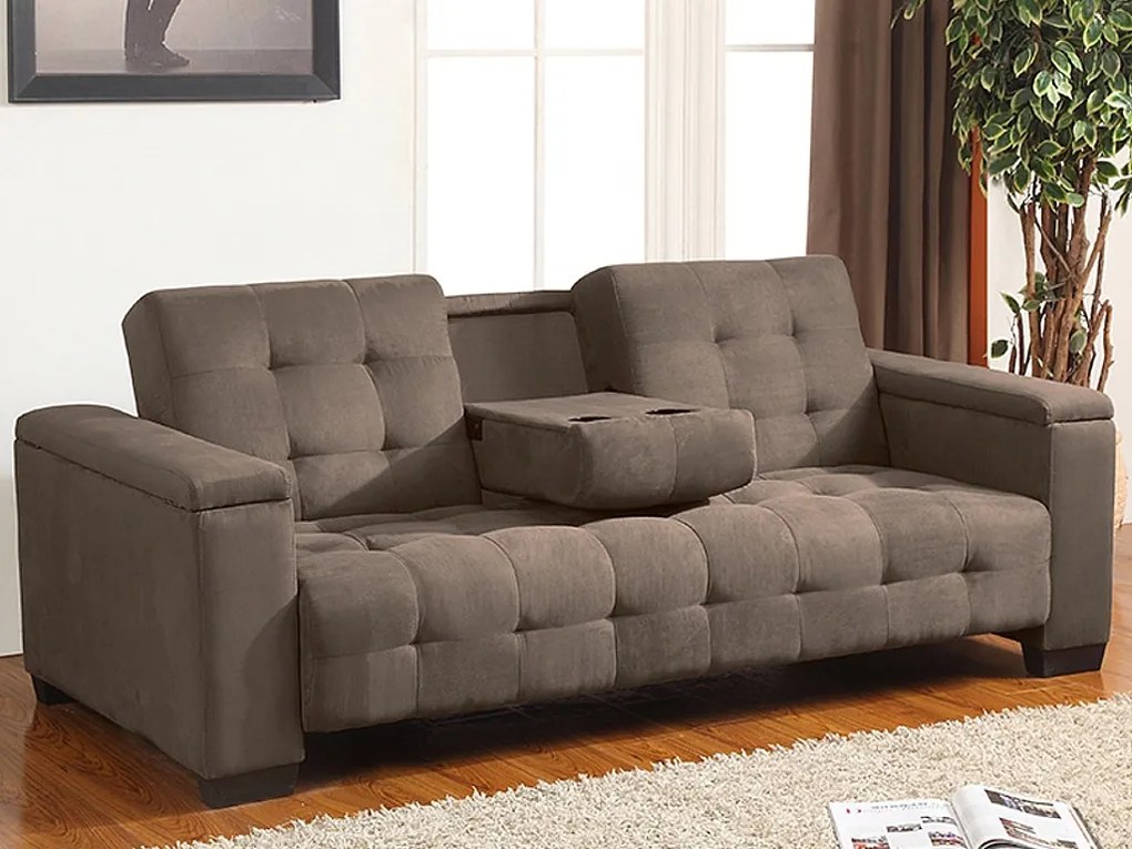 Kanapa 3-osobowa z prostym mechanizmem rozkładania z mikrofibry DEVONSHIRE z uchylnym stolikiem wbudowanym pośrodku oparcia -  Kolor: brązowy