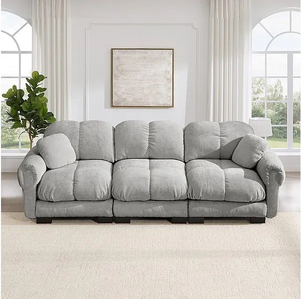 3-osobowa kanapa w Chenille, z tapicerowanym siedziskiem i 2 poduszkami, 260x86x90cm, Szary