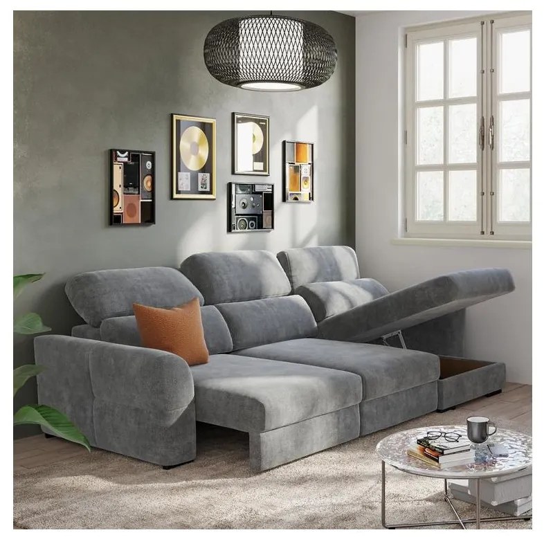 Uniwersalna narożna rozkładana sofa trzyosobowa z pojemnikiem TRENTO, szara