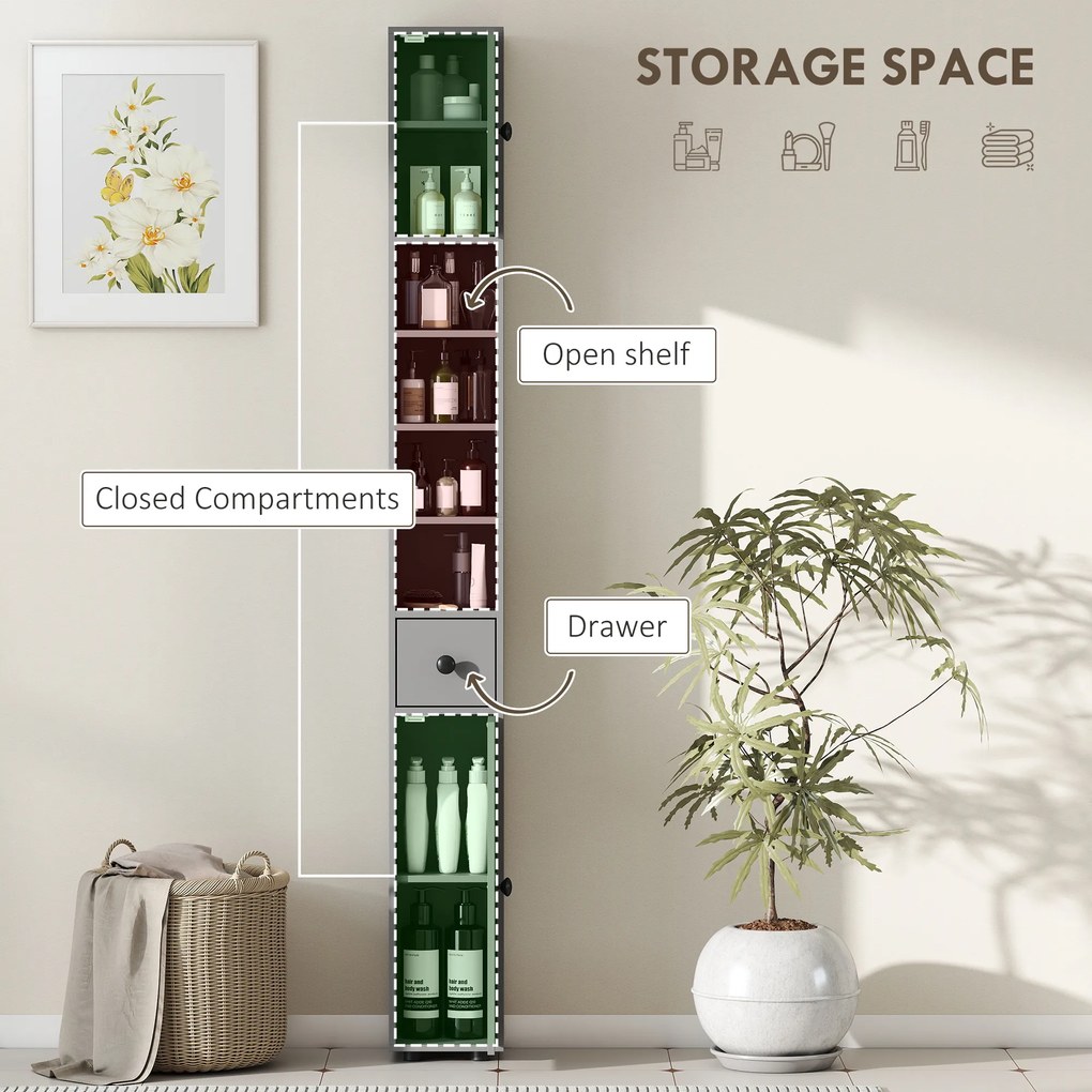 kleankin Szafka łazienkowa, 4 półki, szuflada, płyta wiórowa, smukły design, szara | Aosom PL