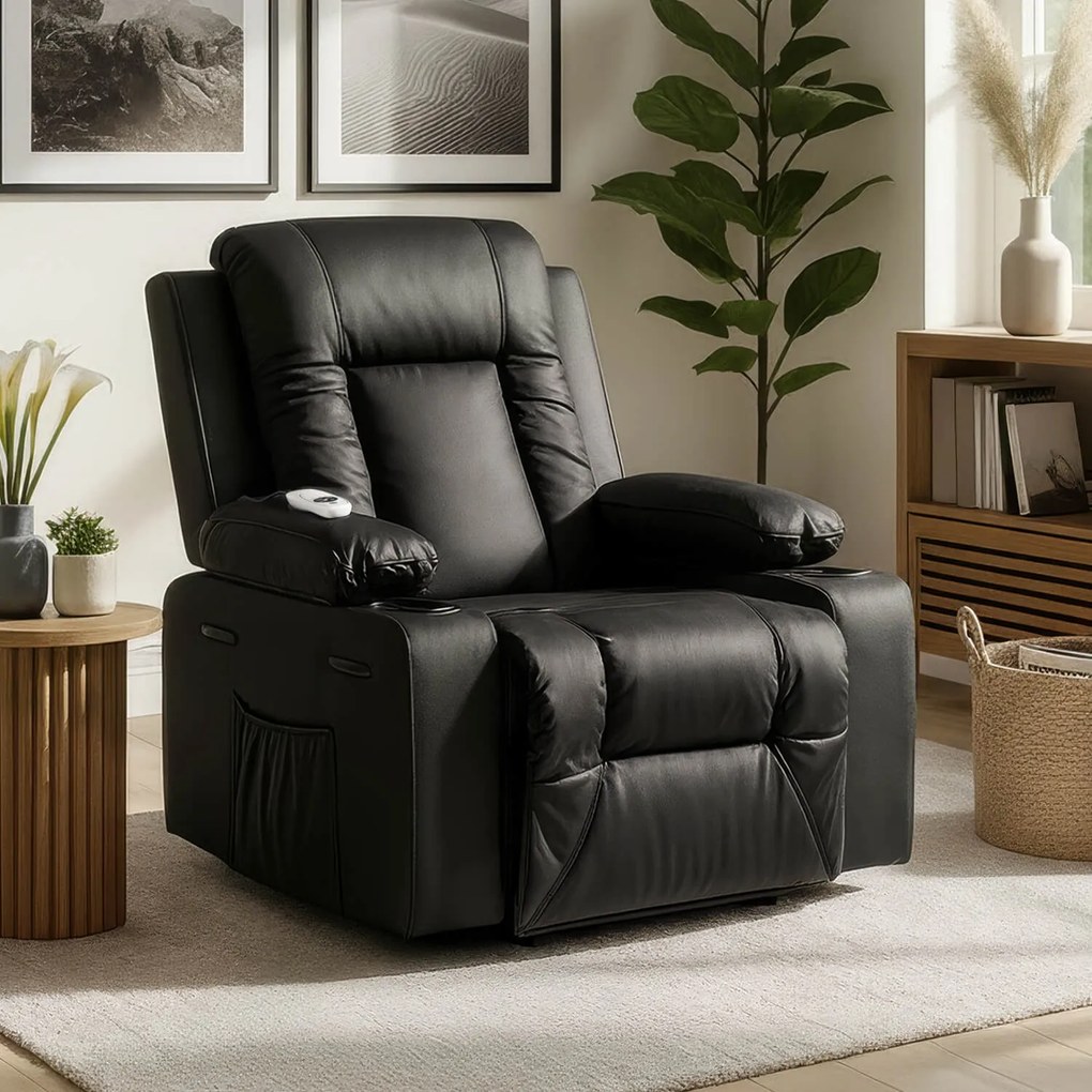 Fotel Masujący BOX Rozkładany Wypoczynkowy z Podnóżkiem Czarny Ekoskóra Nowoczesny