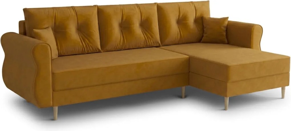Rozkładana narożna sofa SILVIANO 230x140 cm, musztardowa, uniwersalna