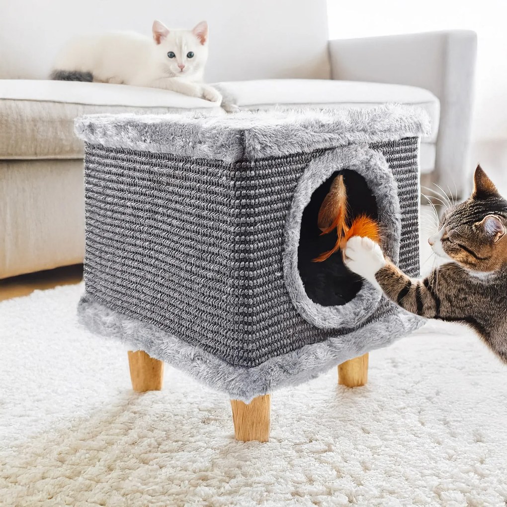 Solidny drapak dla kota, mały 38cm, szary z piórkiem i legowiskiem Cabin I