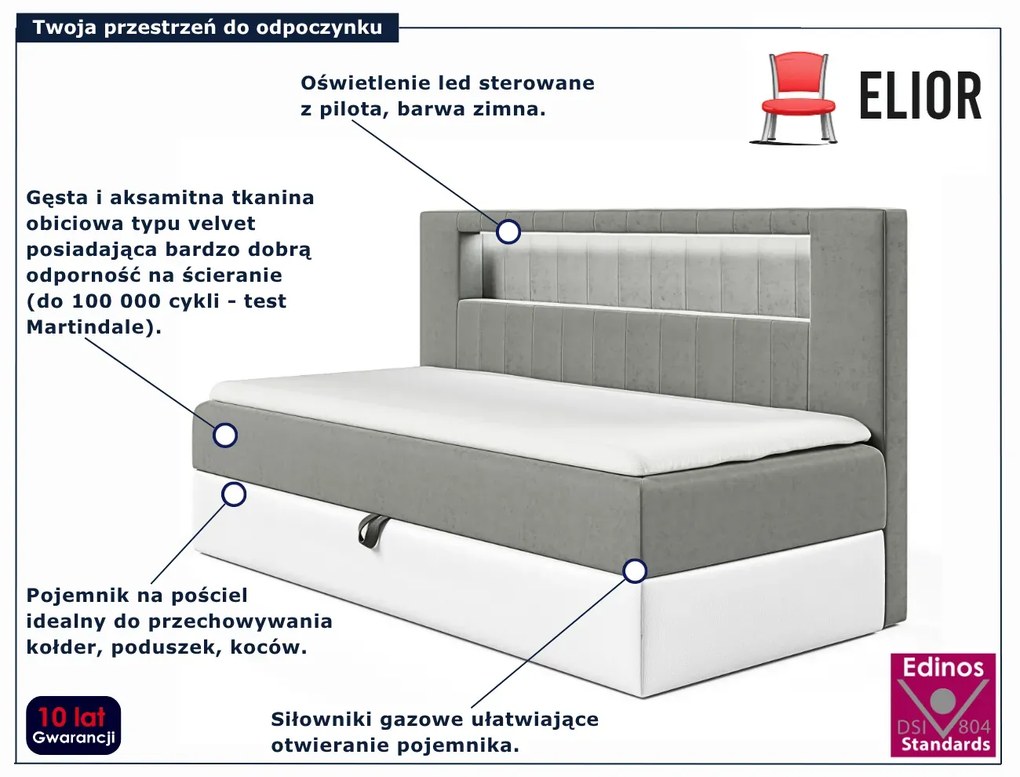 Szare tapicerowane łóżko z pojemnikiem 3 rozmiary M0-M90