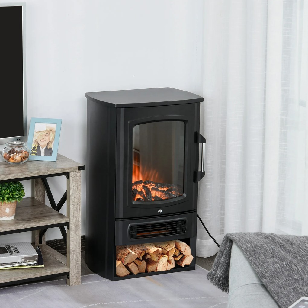 HOMCOM kominek elektryczny e-kominek z efektem płomienia termostat piec kominkowy 1000 W/2000 W, 20–25 m2, metal szkło hartowane czarny 44,5 x 32,1 x 74 cm