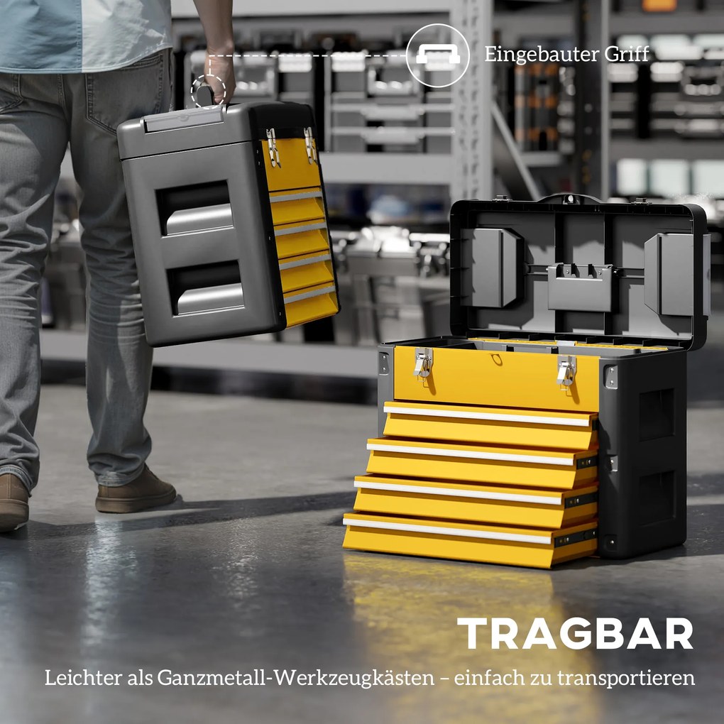 HOMCOM Pusta skrzynka na narzędzia, 49,7 x 25,3 x 40,7 cm, kufer z 4 szufladami, mini-pojemnik, stal, żółta | Aosom PL