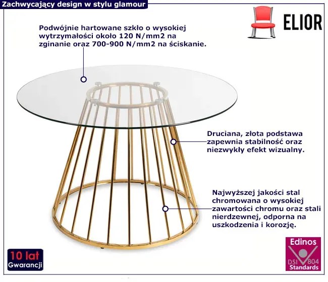 Bezbarwny szklany stół na złotej podstawie glamour - Nalo