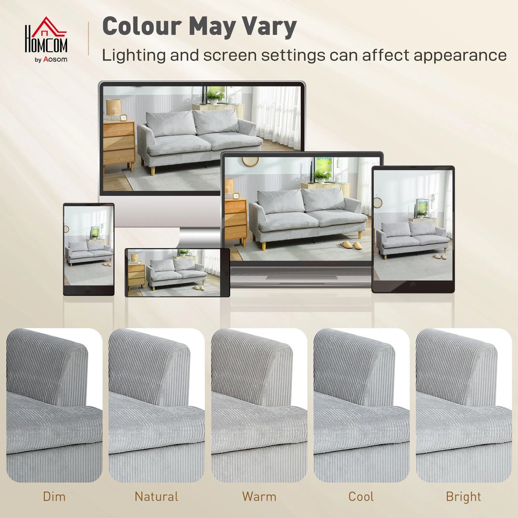 HOMCOM Sofa 3-osobowa, kanapa z podłokietnikami, tapicerowana sofa w sztruksowym stylu do salonu Jasnoszary | Aosom PL