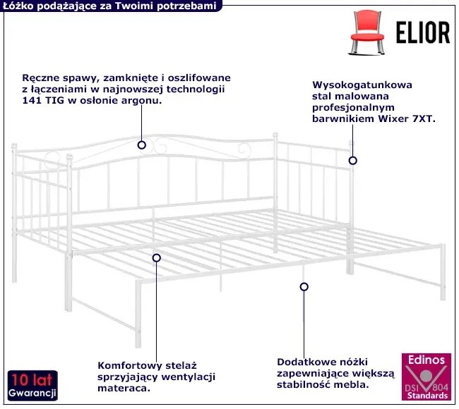 Białe metalowe łóżko rozkładane 90x200 cm - Delkis