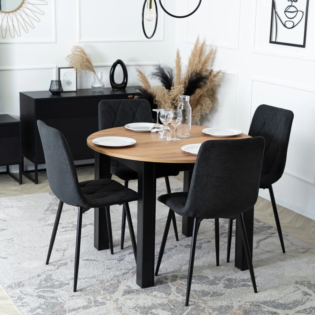 Zestaw Stół Okrągły Rozkładany HARRY 102-142 cm Dąb Craft/Czarny i 4 Krzesła Tapicerowane ROBIN 2 Czarne Nowoczesne