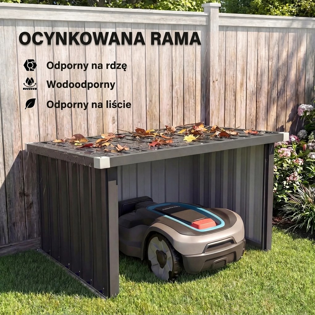 Outsunny Wiata dla robota koszącego stalowa 108 x 86 x 62,5 cm Garaż z dachem skośnym i osłoną krawędzi | Aosom PL